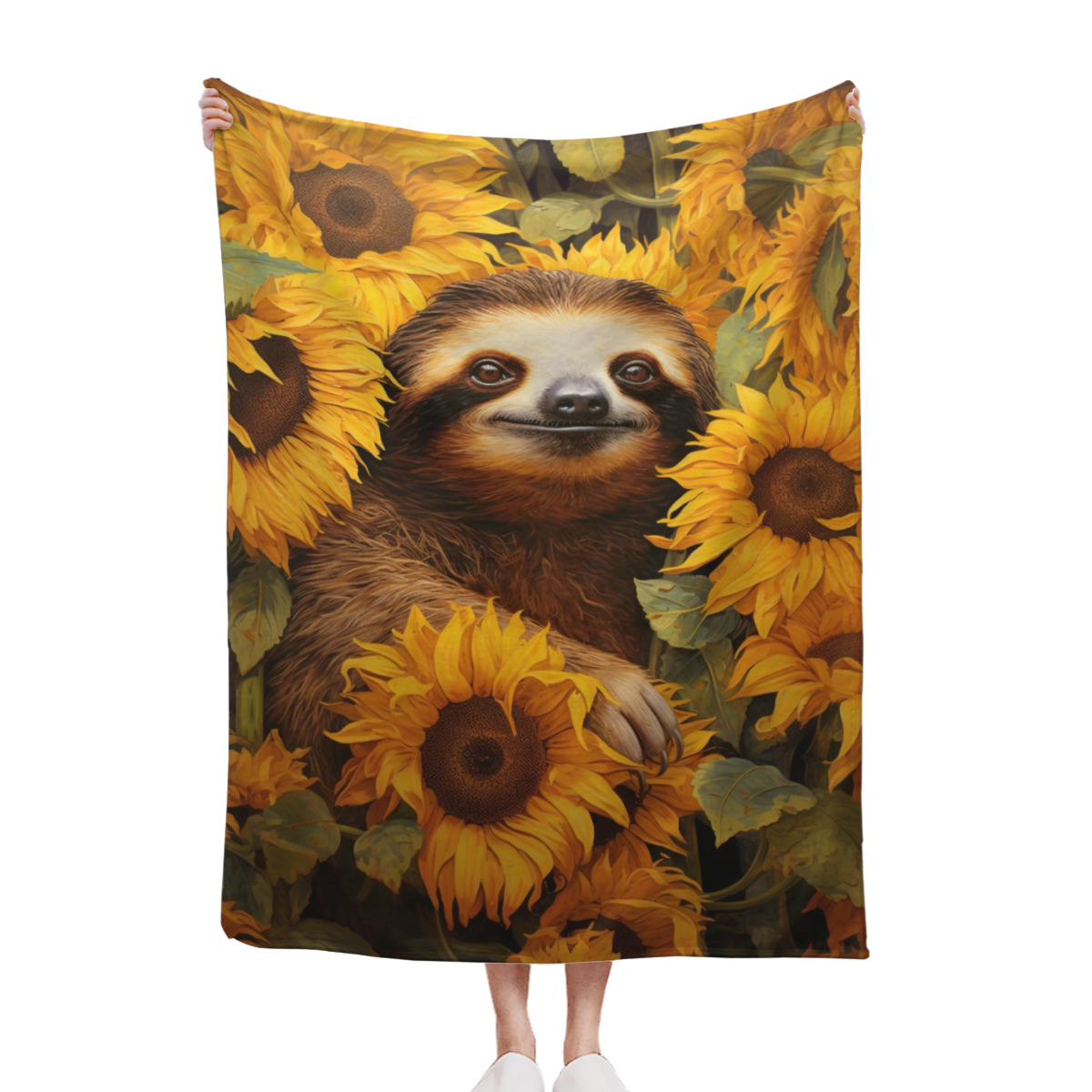 Extra Large Flannel Throw Blanket - Heavyweight 280GSM All-Season Soft Bedspread - Sloth & Sunflowers Brown/Orange/Beige - Couch, Bed, Office Decor - Machine Washable Cozy Home Gift for Adults, Boys,