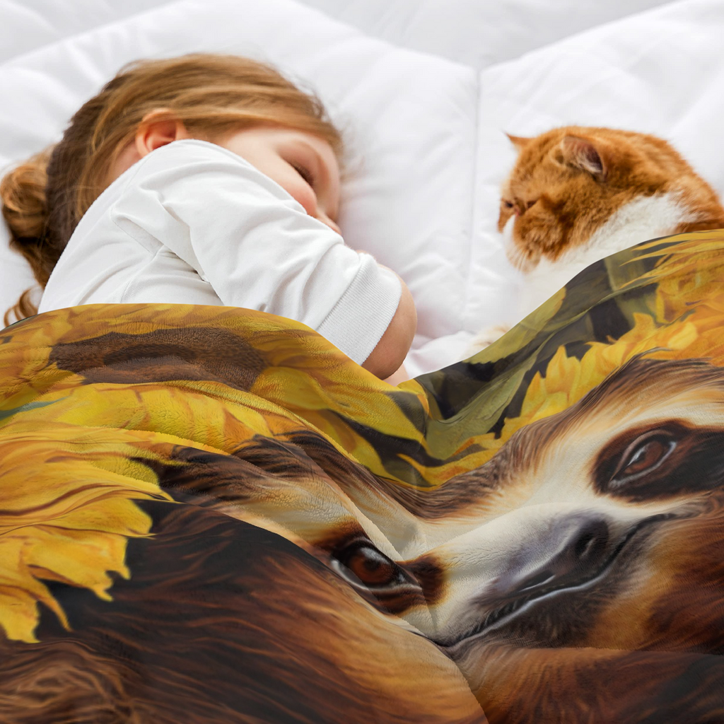 Extra Large Flannel Throw Blanket - Heavyweight 280GSM All-Season Soft Bedspread - Sloth & Sunflowers Brown/Orange/Beige - Couch, Bed, Office Decor - Machine Washable Cozy Home Gift for Adults, Boys,
