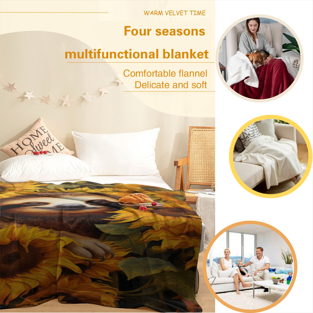 Extra Large Flannel Throw Blanket - Heavyweight 280GSM All-Season Soft Bedspread - Sloth & Sunflowers Brown/Orange/Beige - Couch, Bed, Office Decor - Machine Washable Cozy Home Gift for Adults, Boys,