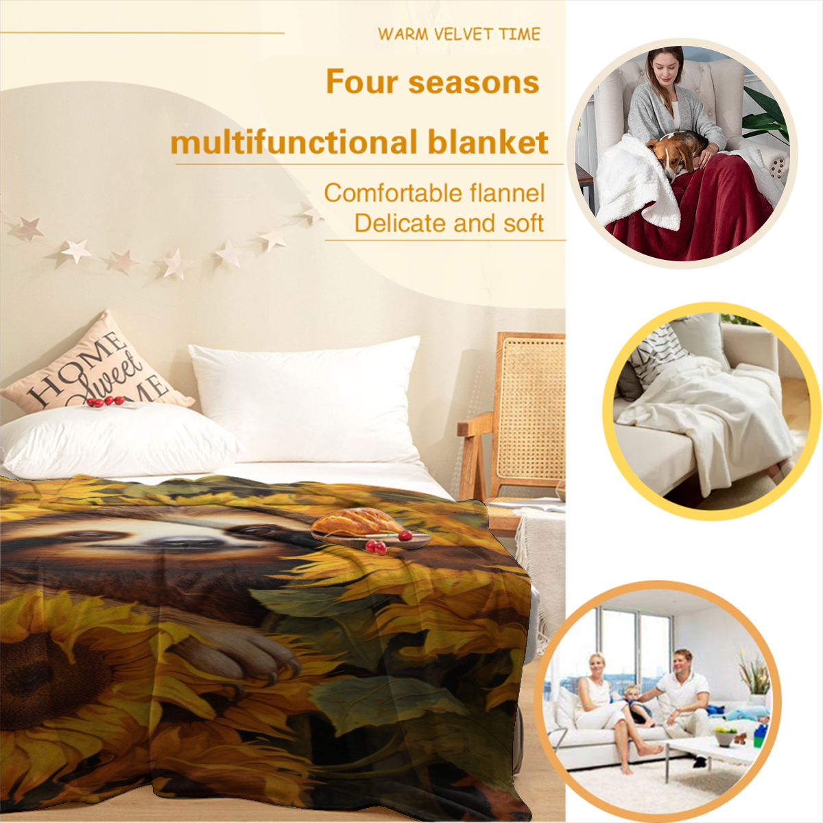 Extra Large Flannel Throw Blanket - Heavyweight 280GSM All-Season Soft Bedspread - Sloth & Sunflowers Brown/Orange/Beige - Couch, Bed, Office Decor - Machine Washable Cozy Home Gift for Adults, Boys,