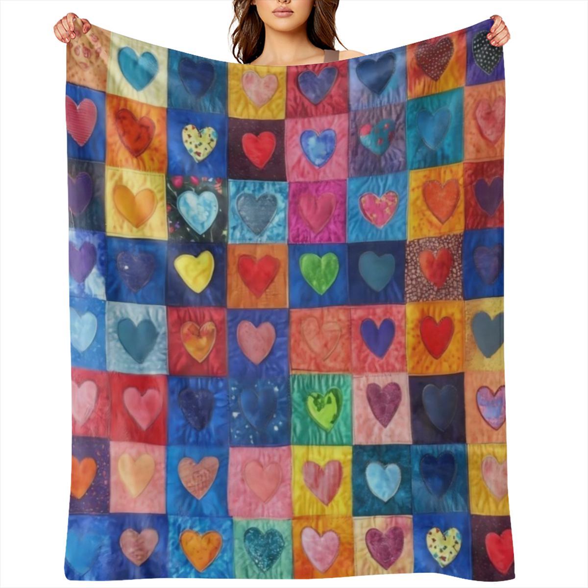 Comfortable flannel throw blanket, multicoloured chequered heart design - soft, warm, versatile, suitable for sofas, beds, cars, offices, camping - all season gift ideas, vintage style