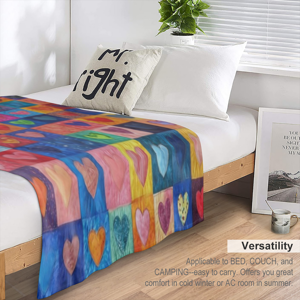 Comfortable flannel throw blanket, multicoloured chequered heart design - soft, warm, versatile, suitable for sofas, beds, cars, offices, camping - all season gift ideas, vintage style