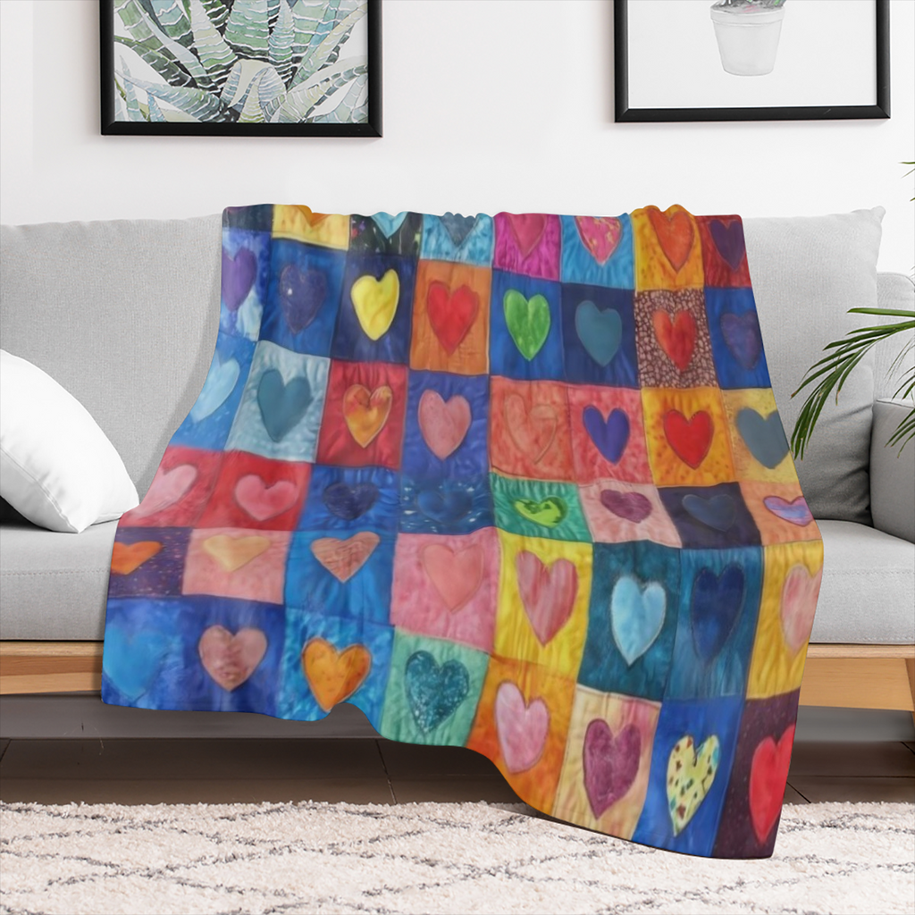 Comfortable flannel throw blanket, multicoloured chequered heart design - soft, warm, versatile, suitable for sofas, beds, cars, offices, camping - all season gift ideas, vintage style