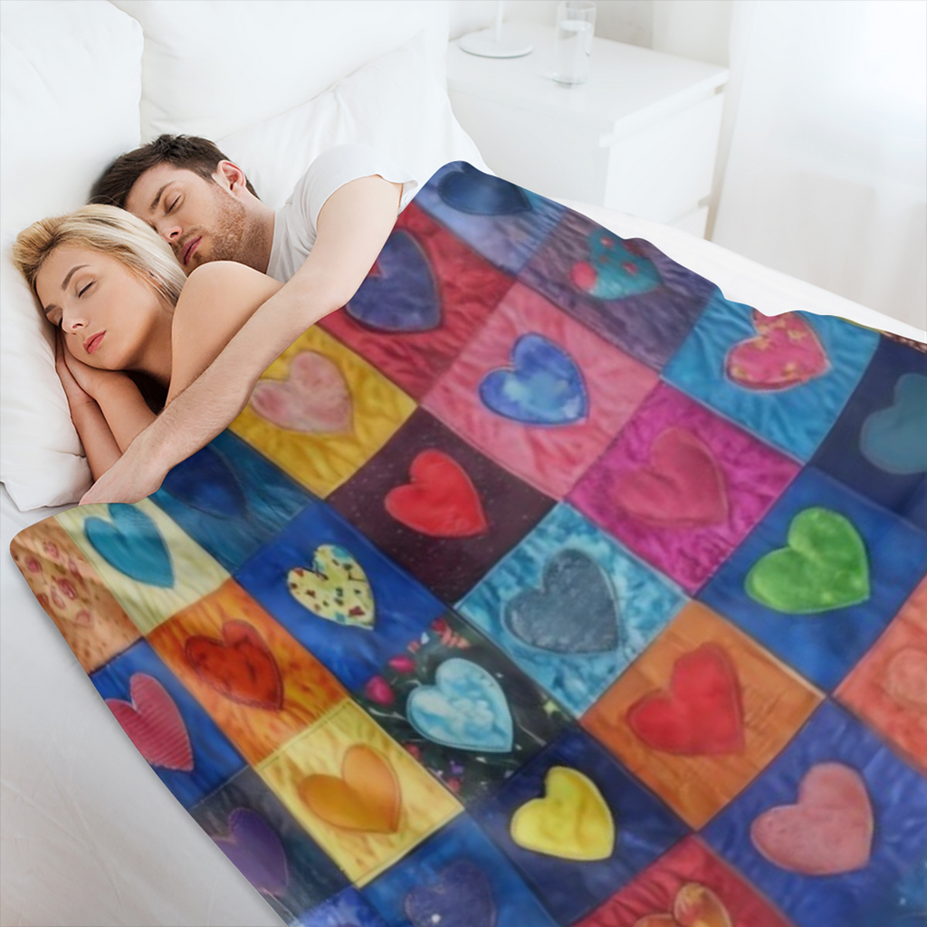 Comfortable flannel throw blanket, multicoloured chequered heart design - soft, warm, versatile, suitable for sofas, beds, cars, offices, camping - all season gift ideas, vintage style
