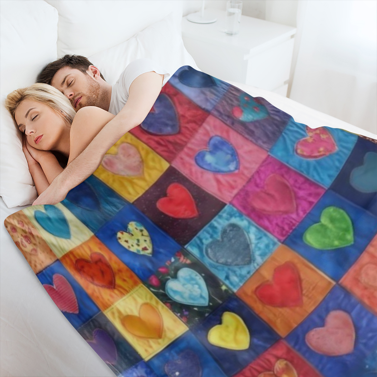 Comfortable flannel throw blanket, multicoloured chequered heart design - soft, warm, versatile, suitable for sofas, beds, cars, offices, camping - all season gift ideas, vintage style
