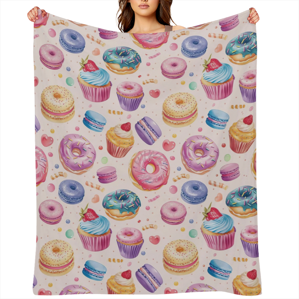 Colorful Macaron, Donuts And Cake Dessert Blanket, Soft Warm Fuzzy Lightweight Flannel Throw Blanket Perfect for Couch, Bed, Decor, Travel And Outdoor, Cozy Blankets for Adults Women