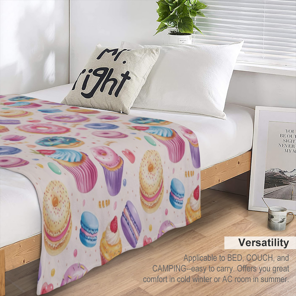 Colorful Macaron, Donuts And Cake Dessert Blanket, Soft Warm Fuzzy Lightweight Flannel Throw Blanket Perfect for Couch, Bed, Decor, Travel And Outdoor, Cozy Blankets for Adults Women
