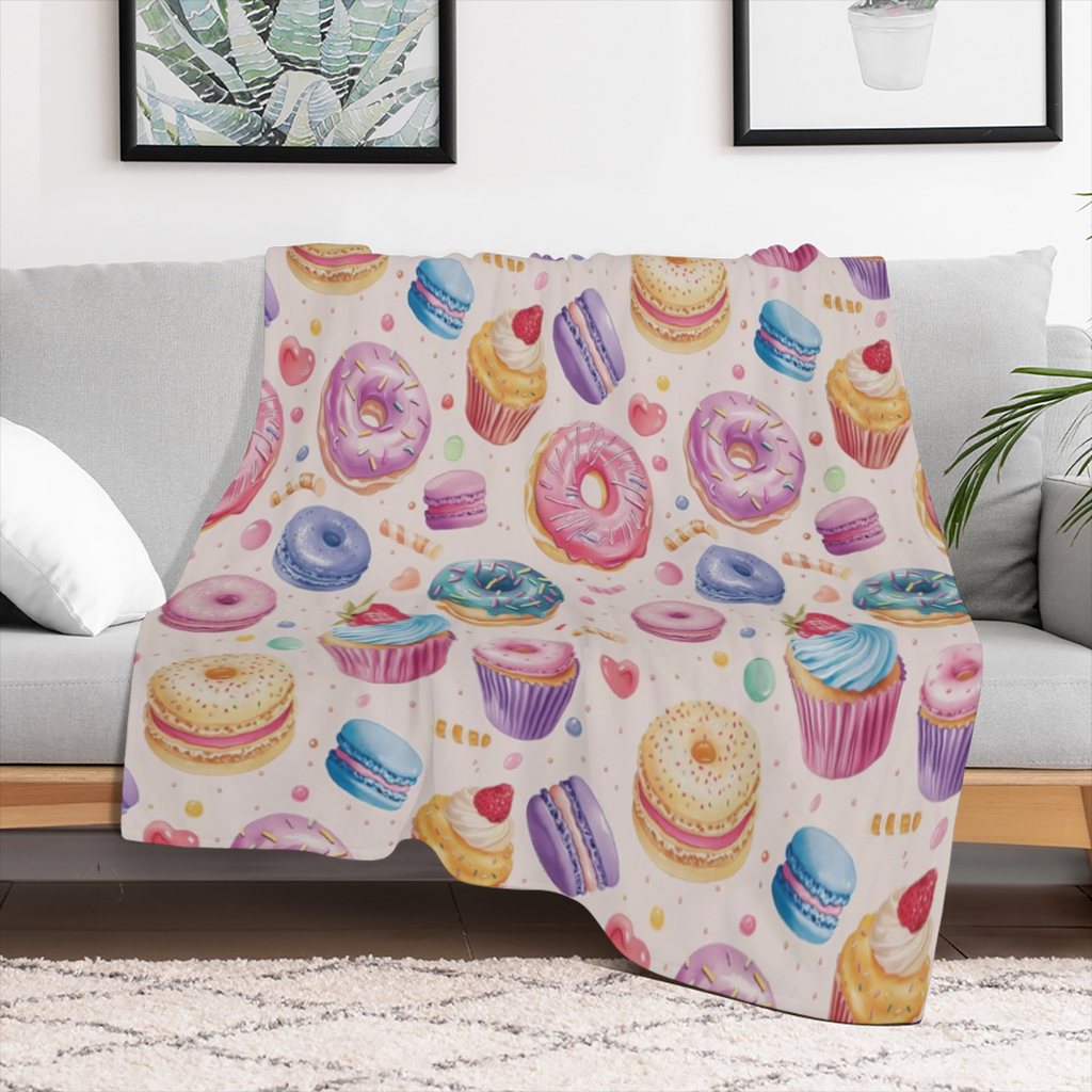 Colorful Macaron, Donuts And Cake Dessert Blanket, Soft Warm Fuzzy Lightweight Flannel Throw Blanket Perfect for Couch, Bed, Decor, Travel And Outdoor, Cozy Blankets for Adults Women