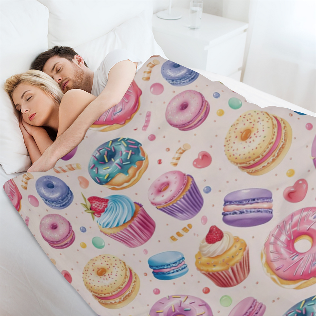 Colorful Macaron, Donuts And Cake Dessert Blanket, Soft Warm Fuzzy Lightweight Flannel Throw Blanket Perfect for Couch, Bed, Decor, Travel And Outdoor, Cozy Blankets for Adults Women
