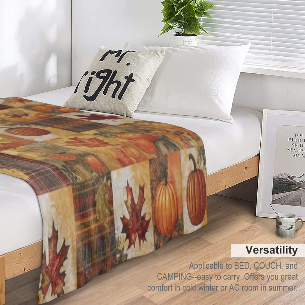 A classic autumn checkered pumpkin maple printed flannel blanket, soft and warm and comfortable woven all season general purpose sofa bed car office camping trip, mixed color multi- functional gift bl