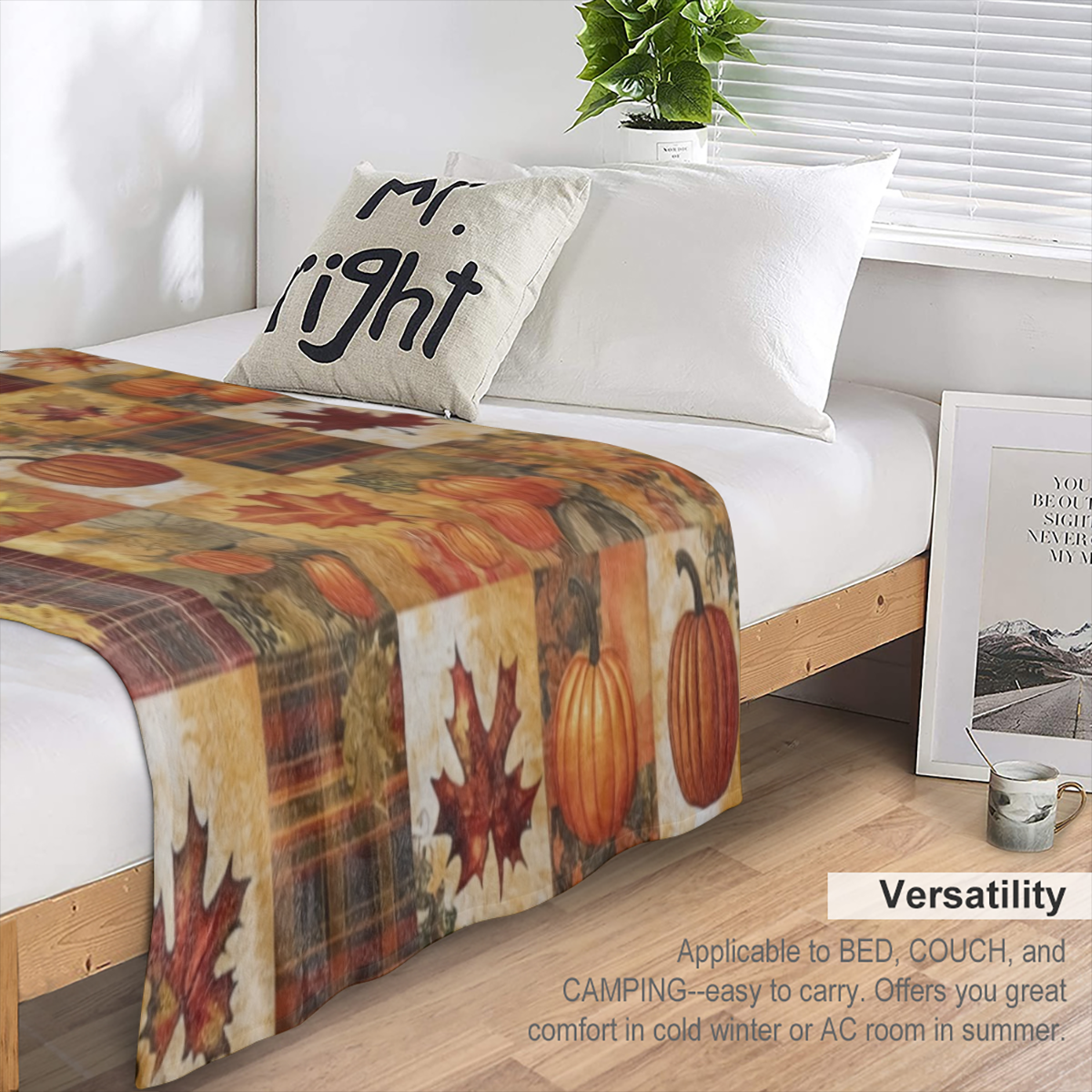 A classic autumn checkered pumpkin maple printed flannel blanket, soft and warm and comfortable woven all season general purpose sofa bed car office camping trip, mixed color multi- functional gift bl