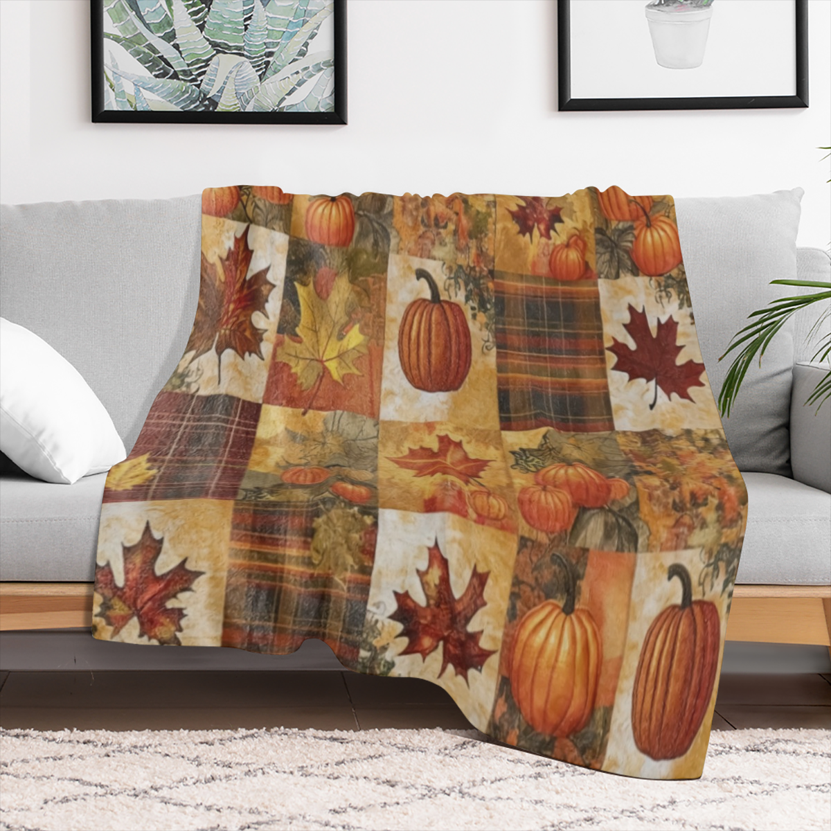 A classic autumn checkered pumpkin maple printed flannel blanket, soft and warm and comfortable woven all season general purpose sofa bed car office camping trip, mixed color multi- functional gift bl