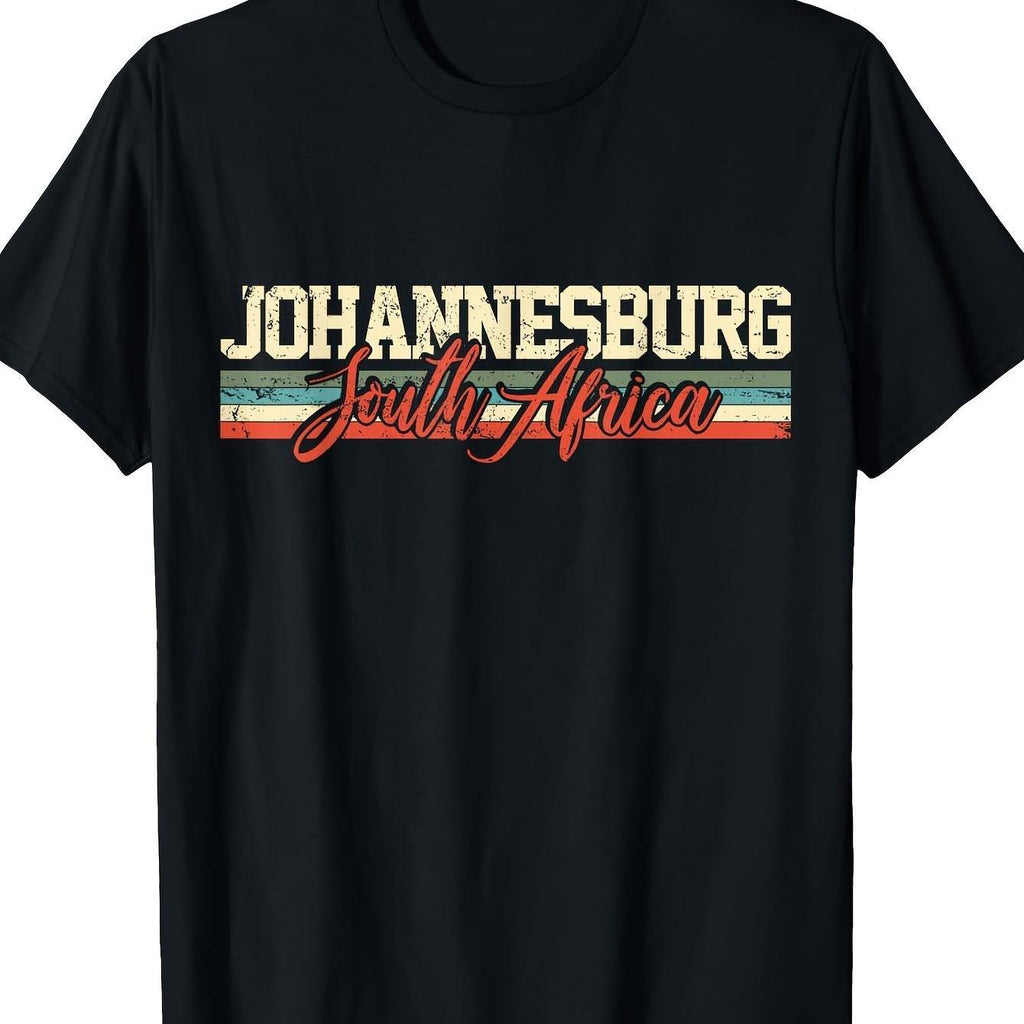 Men'S Vintage Johannesburg South Africa T-Shirt - Retro Travel Souvenir, Casual Cotton Crewneck Tee with Bold JOHANNESBURG SOUTH AFRICA Print, Short Sleeve, Black with Colorful Stripes, Lightweight 180gu33A1, Perfect for Casual Outings