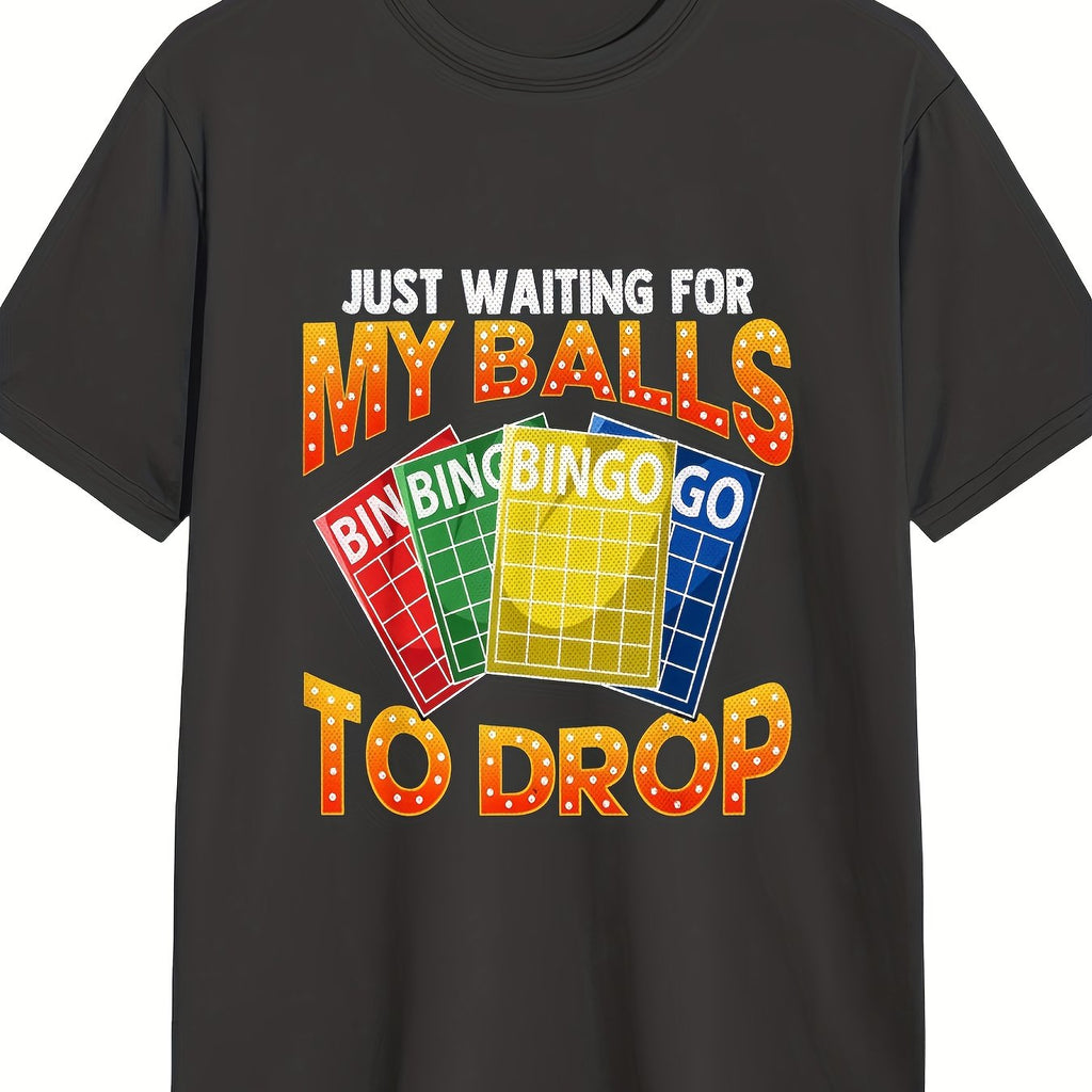Men'S Funny Bingo T-Shirt - "Just Waiting for My Balls to Drop" Graphic Tee with Colorful Bingo Ball Design, Casual Short Sleeve, Round Neck, Non-Stretch Fabric, Perfect for Summer & Spring