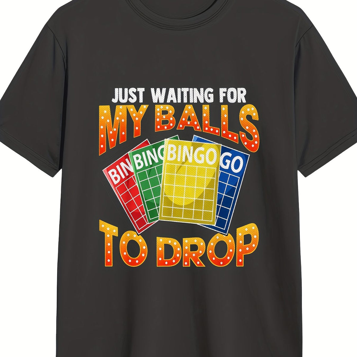 Men'S Funny Bingo T-Shirt - "Just Waiting for My Balls to Drop" Graphic Tee with Colorful Bingo Ball Design, Casual Short Sleeve, Round Neck, Non-Stretch Fabric, Perfect for Summer & Spring