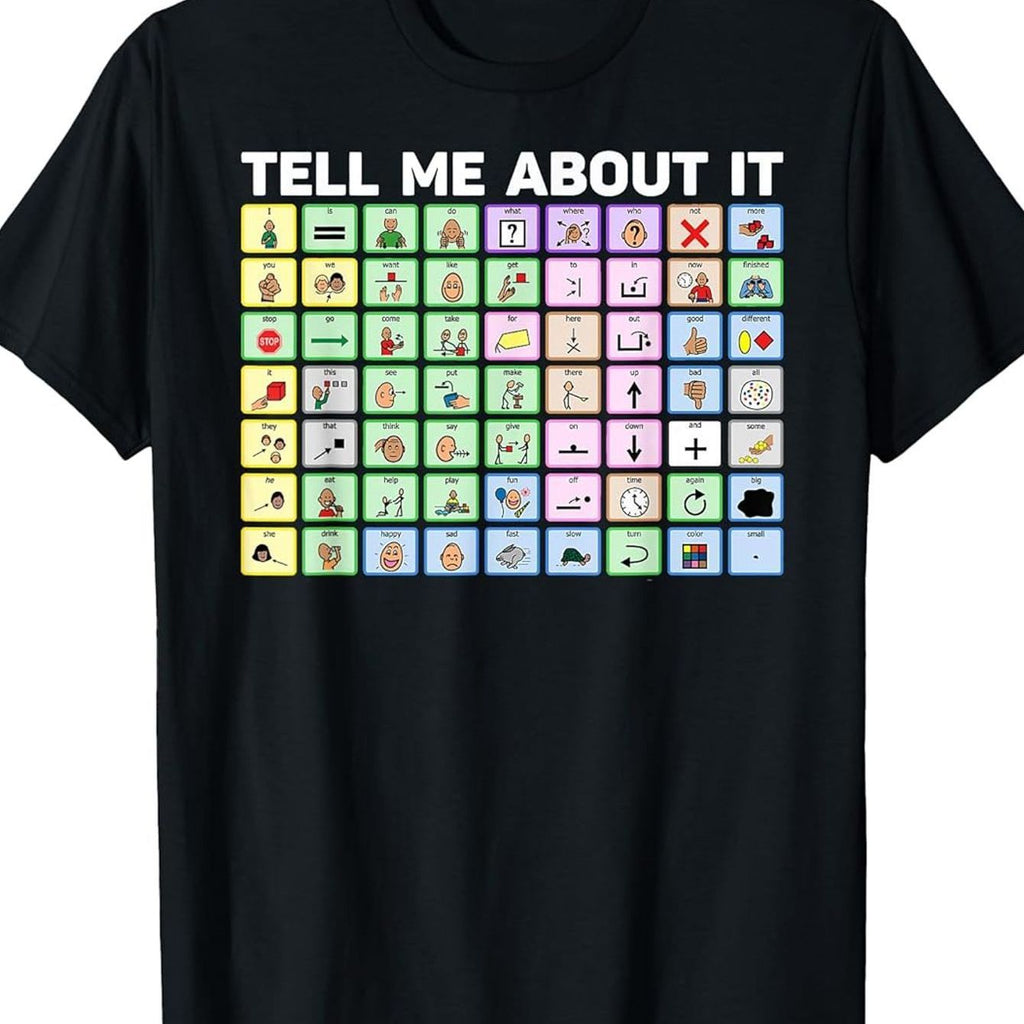 Tell Me About It AAC Special Education Teacher T-Shirt - Enhanced Alternative Communication Shirt with 25+ AAC Icons & Symbols, 100% Soft Breathable Loose Fit Short Sleeve, Unisex Adult & Youth Sizes for SLPs, Therapists
