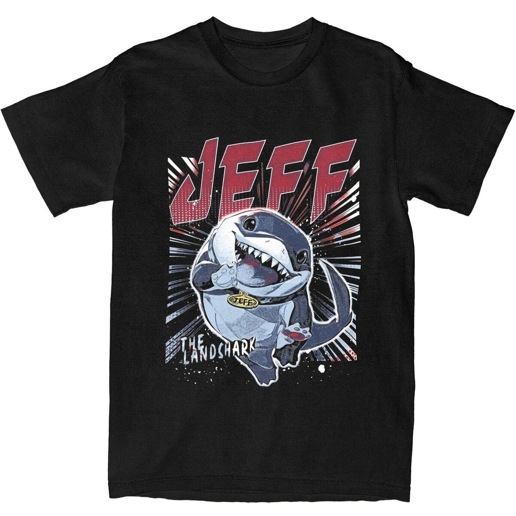 Men's & Women's Funny Jeff the Land Shark Graphic T-Shirt - Heavyweight 220gsm Cotton Black Comic Shark Attack Tee, Regular Fit Unisex Top for Casual Wear & Themed Parties, Machine Washable Shark Shirt