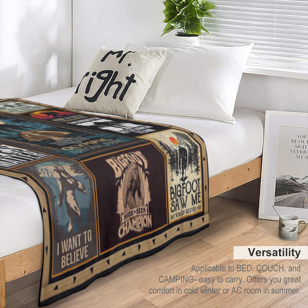 Sasquatch Enthusiast' s Cozy Companion - Soft, Plush Flannel Fleece Throw Blanket with Vibrant Cryptid and Wilderness Print, Vintage- Inspired Multipurpose All- Season Quilt, Durable Polyester Knitted