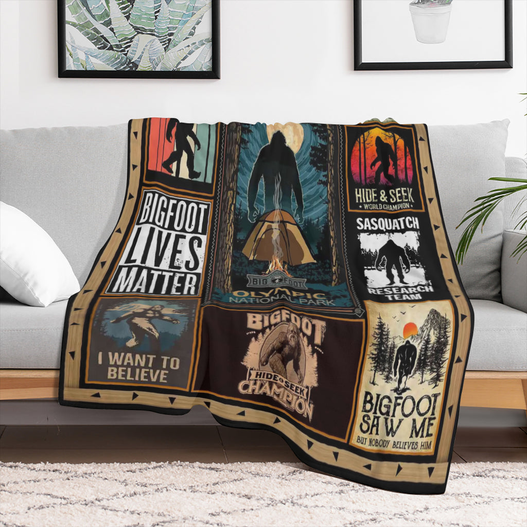 Sasquatch Enthusiast' s Cozy Companion - Soft, Plush Flannel Fleece Throw Blanket with Vibrant Cryptid and Wilderness Print, Vintage- Inspired Multipurpose All- Season Quilt, Durable Polyester Knitted