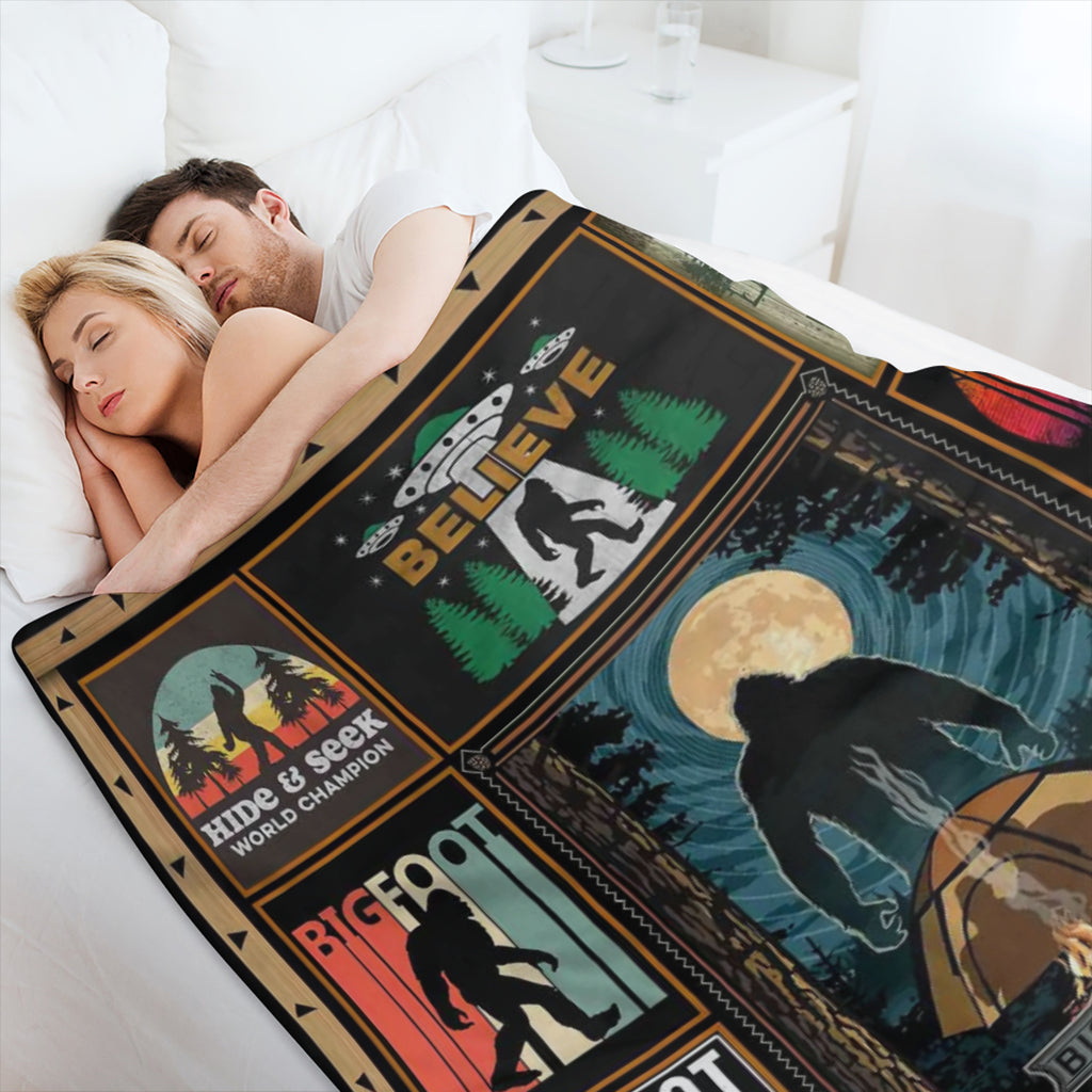 Sasquatch Enthusiast' s Cozy Companion - Soft, Plush Flannel Fleece Throw Blanket with Vibrant Cryptid and Wilderness Print, Vintage- Inspired Multipurpose All- Season Quilt, Durable Polyester Knitted