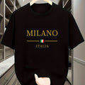 Men's Milan Italy Graphic T-Shirt - White Casual Summer Tee with Golden & Blue Print, Short Sleeve, Polyester Blend, Machine Washable, Italian T Shirt