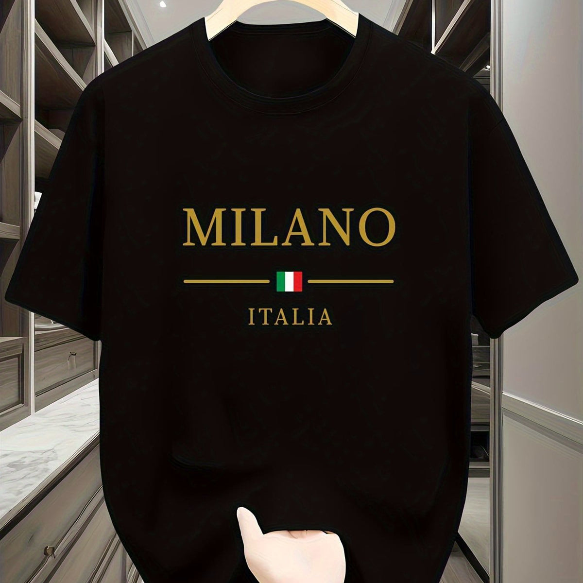 Men's Milan Italy Graphic T-Shirt - White Casual Summer Tee with Golden & Blue Print, Short Sleeve, Polyester Blend, Machine Washable, Italian T Shirt