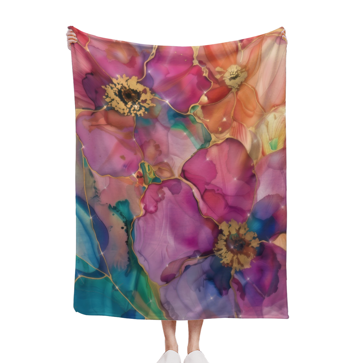 Alcohol Ink Floral Throw Blanket, Vibrant Magenta Purple Gold Flower Art Cozy Soft Flannel Blanket, Boho Abstract Home Decor`