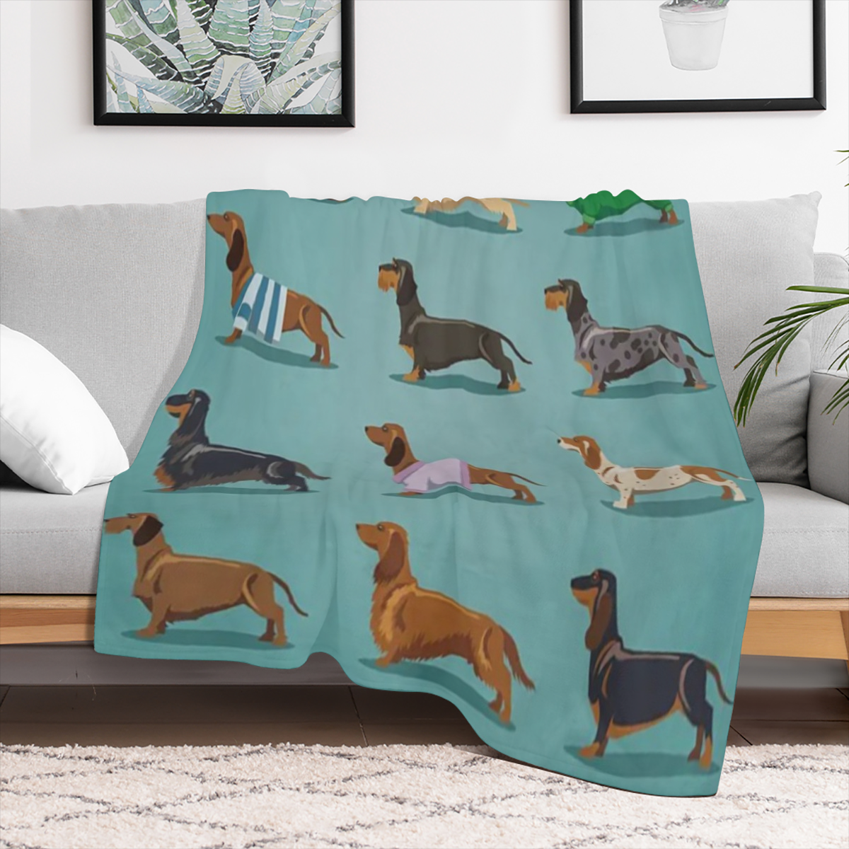 1pc, Dachshund Blanket Weiner Dog Blanket, Soft Blue Grey Sausage Fleece Flannel Blanket Blue Cute Doxie Plush Blanket Dachshund Adults Women