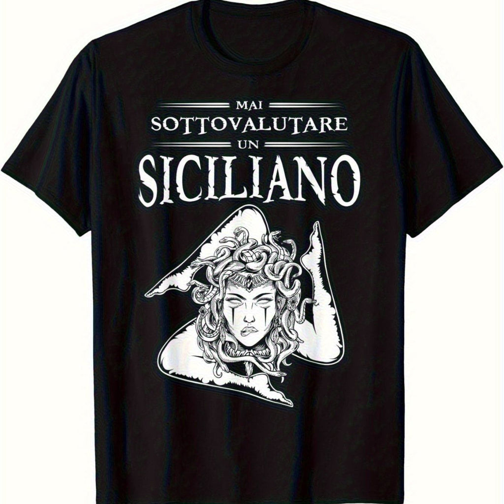 Mens Sicilian Family Crest Graphic T-Shirt - Never Underestimate the Power of Sicilian Delta Bold Print, Black with White & Golden Design, Regular Fit Short Sleeve Round Neck Casual Tee, Machine Washable, Allseasons Apparel Medium Stretch Fabric