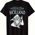 Mens Sicilian Family Crest Graphic T-Shirt - Never Underestimate the Power of Sicilian Delta Bold Print, Black with White & Golden Design, Regular Fit Short Sleeve Round Neck Casual Tee, Machine Washable, Allseasons Apparel Medium Stretch Fabric