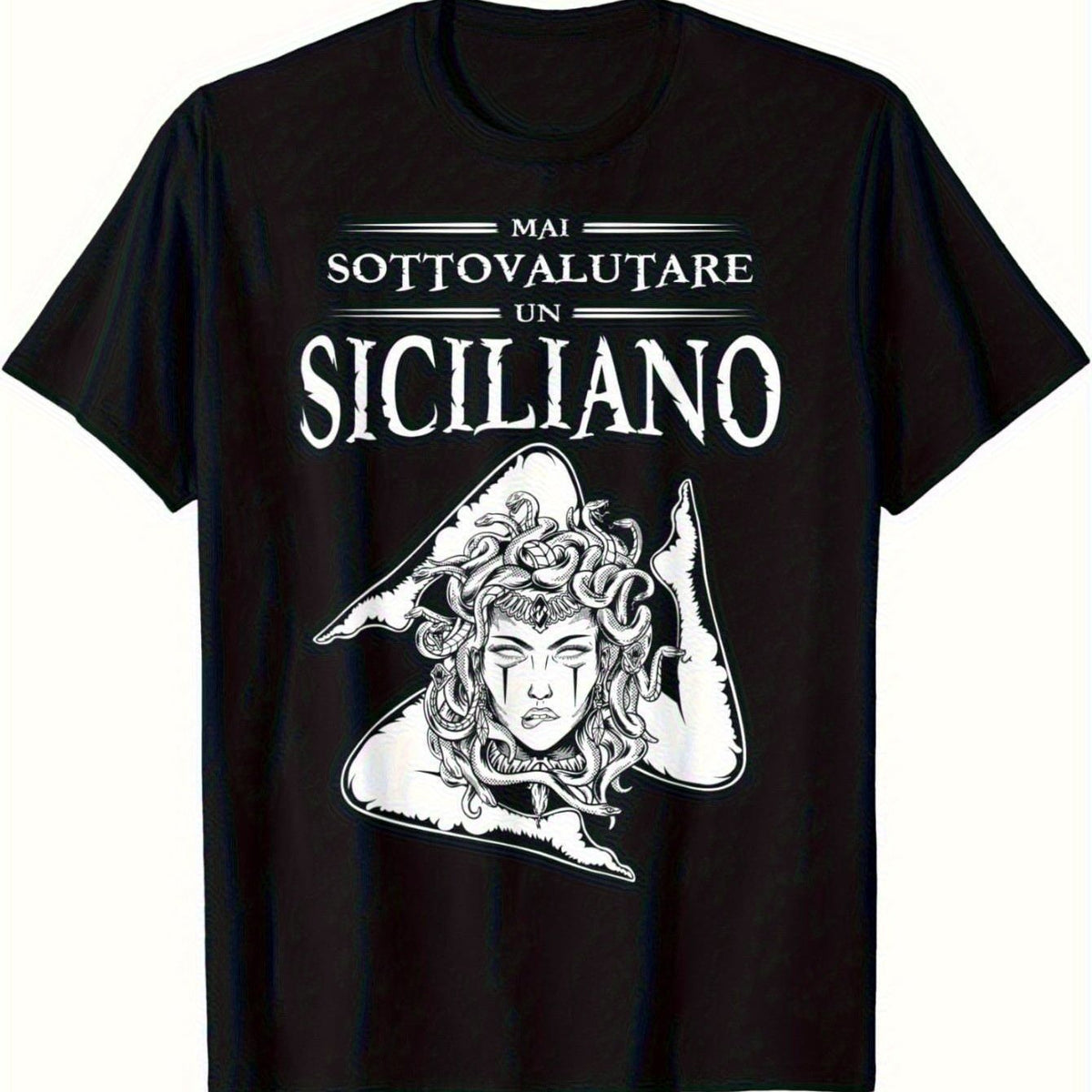 Mens Sicilian Family Crest Graphic T-Shirt - Never Underestimate the Power of Sicilian Delta Bold Print, Black with White & Golden Design, Regular Fit Short Sleeve Round Neck Casual Tee, Machine Washable, Allseasons Apparel Medium Stretch Fabric