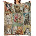 A vintage- inspired flannel blanket in mixed colors for all seasons, woven in polyester, digitally printed cat and floral patterns, soft and comfortable, lightweight and perfect for sofas, beds, offic
