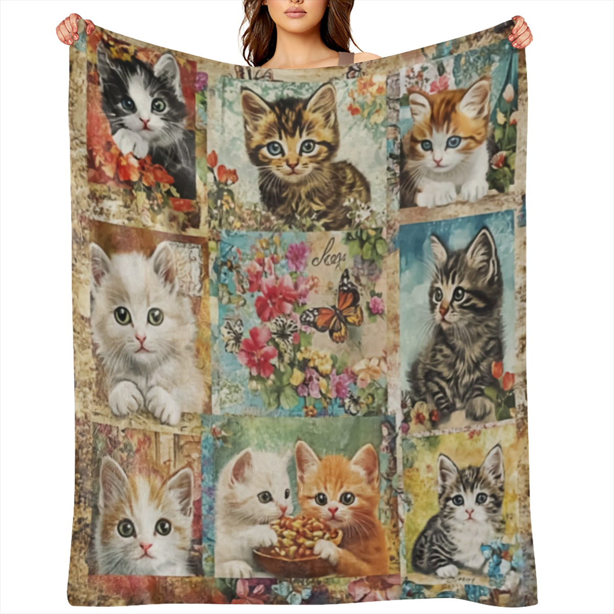 A vintage- inspired flannel blanket in mixed colors for all seasons, woven in polyester, digitally printed cat and floral patterns, soft and comfortable, lightweight and perfect for sofas, beds, offic