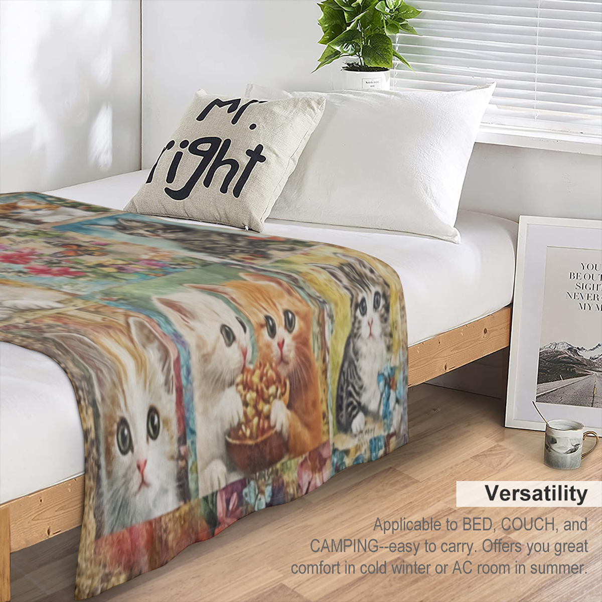 A vintage- inspired flannel blanket in mixed colors for all seasons, woven in polyester, digitally printed cat and floral patterns, soft and comfortable, lightweight and perfect for sofas, beds, offic