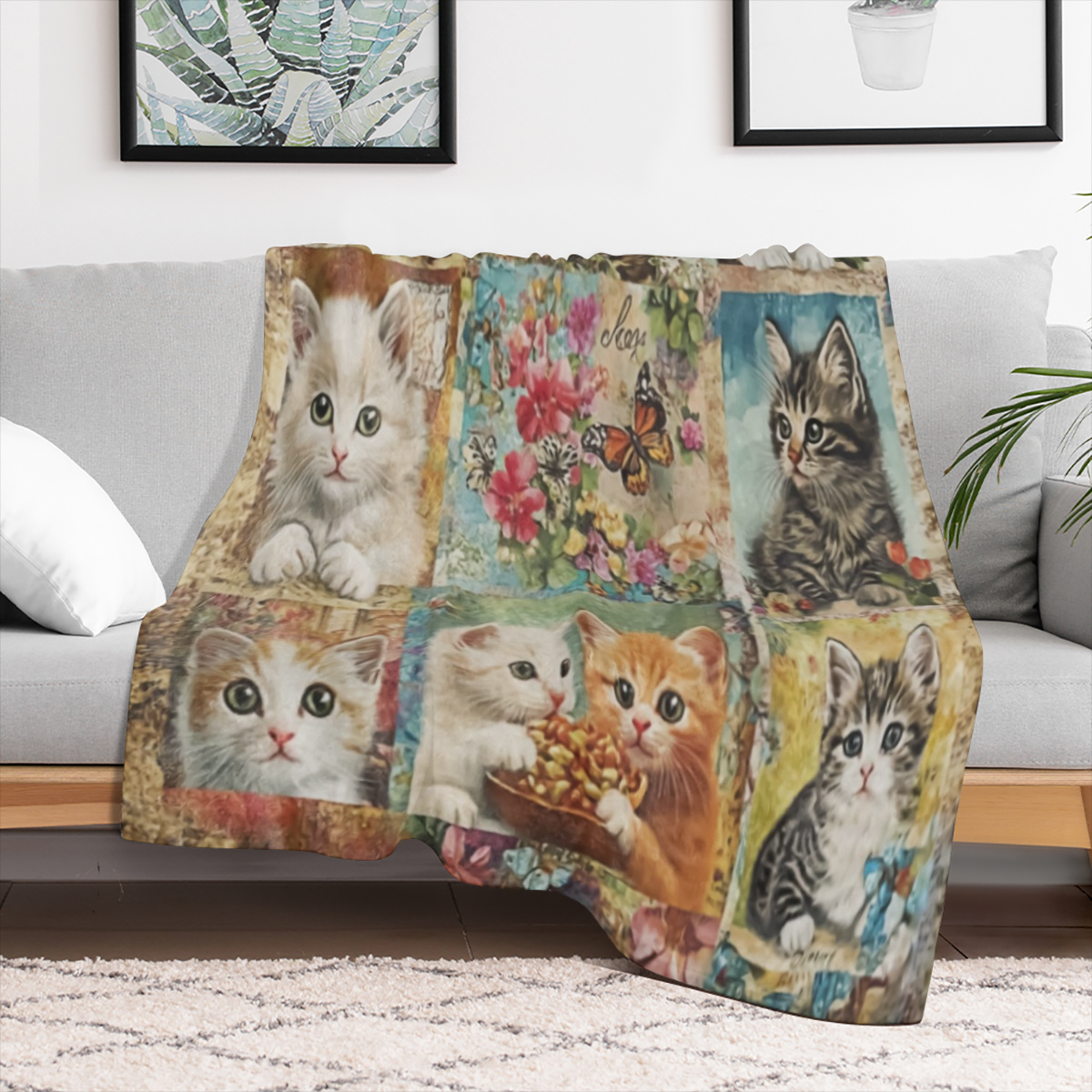 A vintage- inspired flannel blanket in mixed colors for all seasons, woven in polyester, digitally printed cat and floral patterns, soft and comfortable, lightweight and perfect for sofas, beds, offic