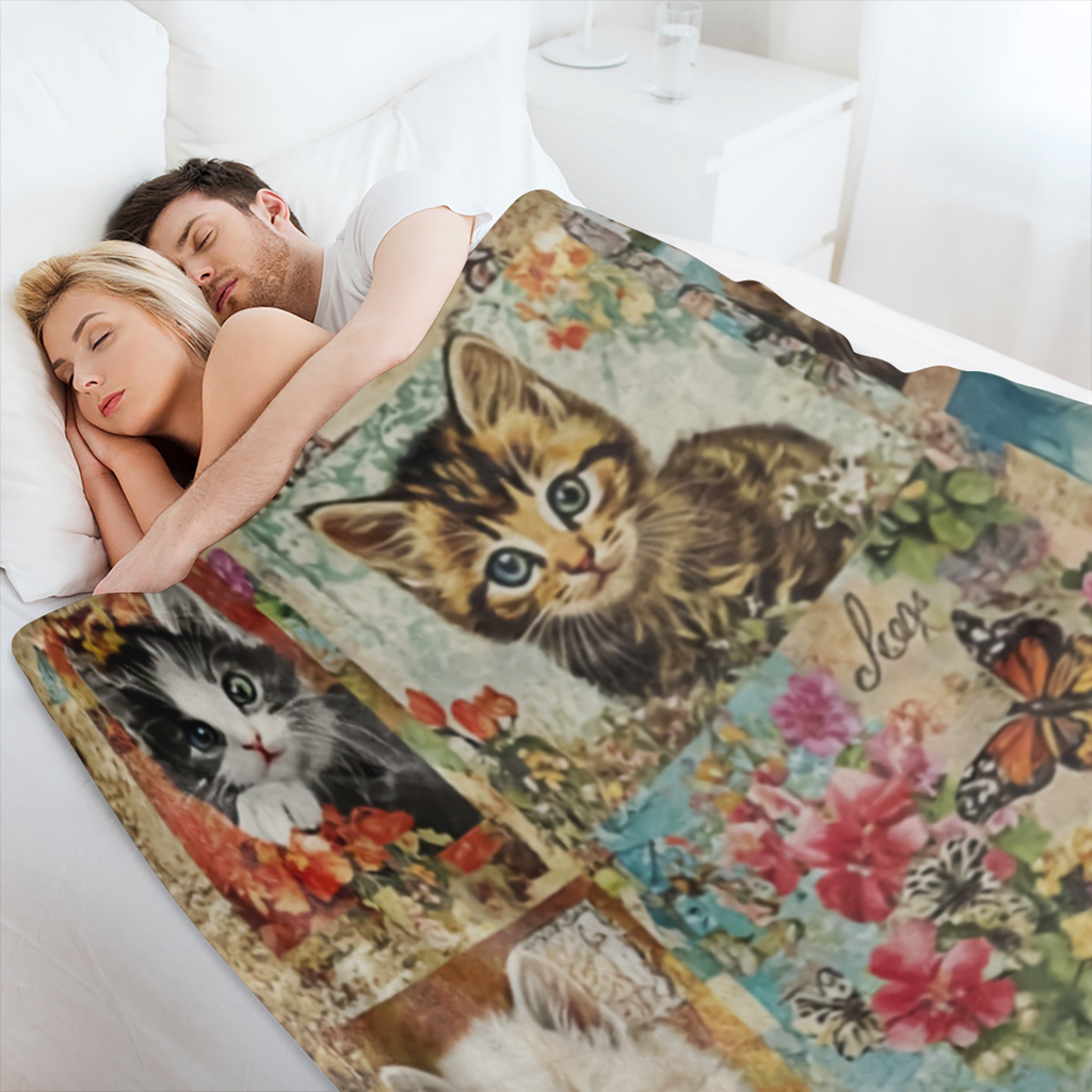 A vintage- inspired flannel blanket in mixed colors for all seasons, woven in polyester, digitally printed cat and floral patterns, soft and comfortable, lightweight and perfect for sofas, beds, offic