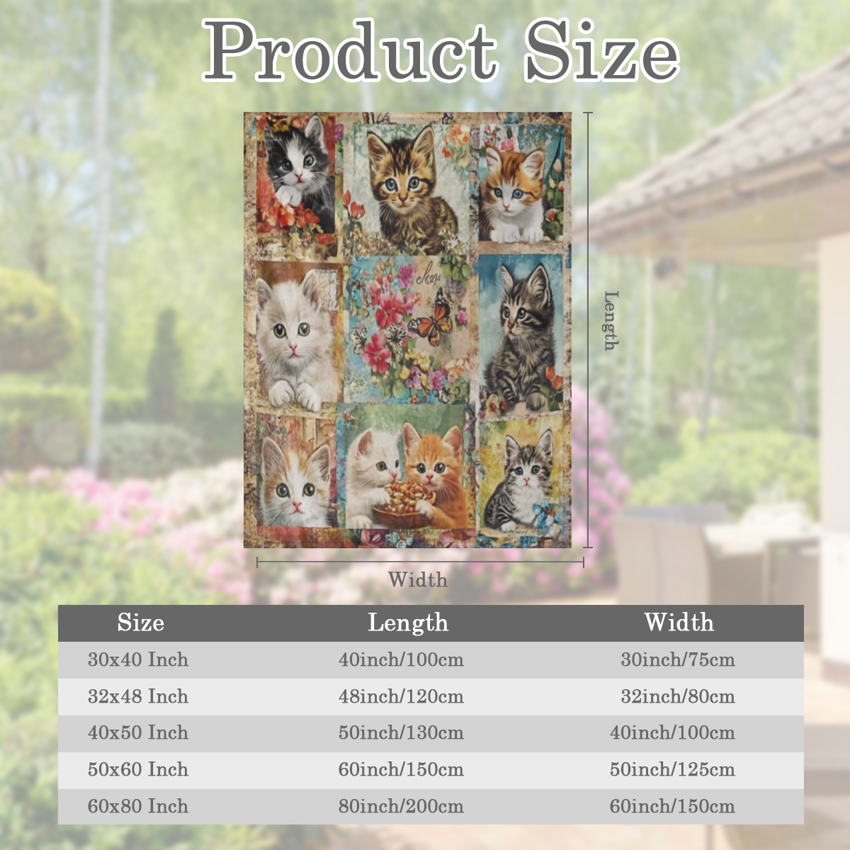 A vintage- inspired flannel blanket in mixed colors for all seasons, woven in polyester, digitally printed cat and floral patterns, soft and comfortable, lightweight and perfect for sofas, beds, offic