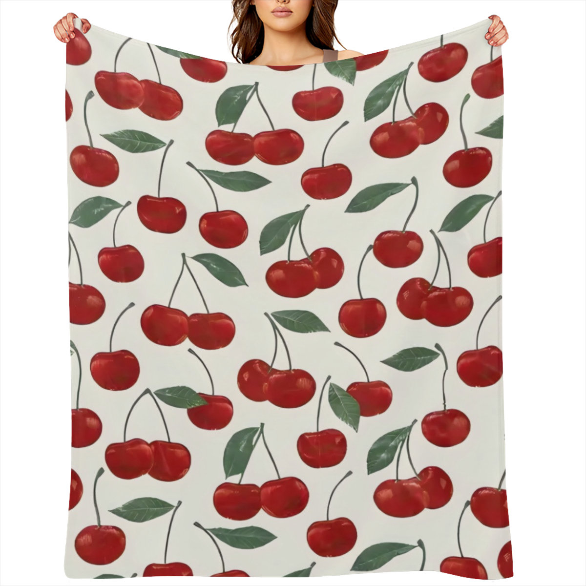 Cherry Print Flannel Blanket - Digital Printing, All- season Multipurpose Sports Style Knit Bedding - Soft and Lightweight Gift for Sofa, Travel, Camping, Lunch Break, Home