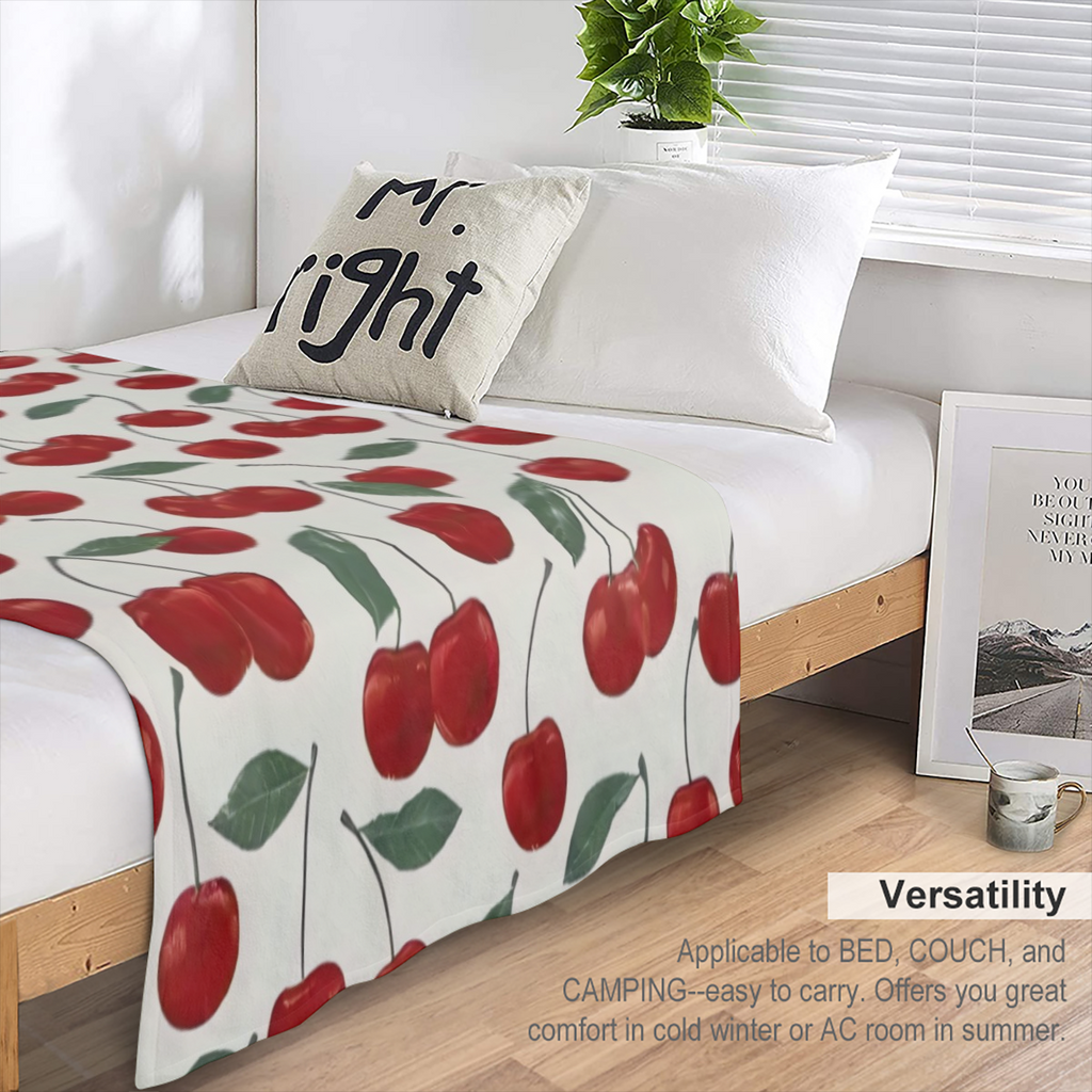 Cherry Print Flannel Blanket - Digital Printing, All- season Multipurpose Sports Style Knit Bedding - Soft and Lightweight Gift for Sofa, Travel, Camping, Lunch Break, Home