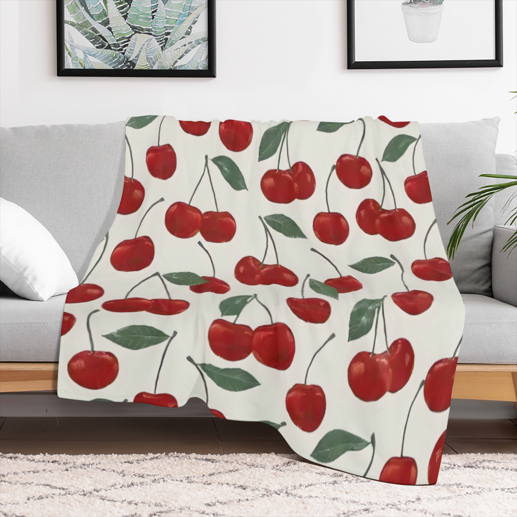 Cherry Print Flannel Blanket - Digital Printing, All- season Multipurpose Sports Style Knit Bedding - Soft and Lightweight Gift for Sofa, Travel, Camping, Lunch Break, Home