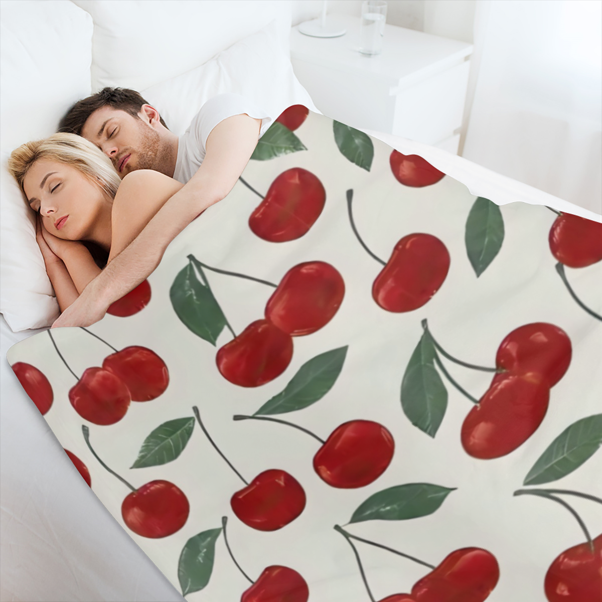 Cherry Print Flannel Blanket - Digital Printing, All- season Multipurpose Sports Style Knit Bedding - Soft and Lightweight Gift for Sofa, Travel, Camping, Lunch Break, Home