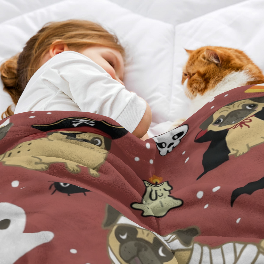 Halloween-Themed Pug Pattern Blanket | Perfect for Home Decoration, Sofa Layering, Bed Cover, and Halloween Parties, Adding Festive Atmosphere to Your Space with Cute Pugs in Pirate, Vampire, Mummy De