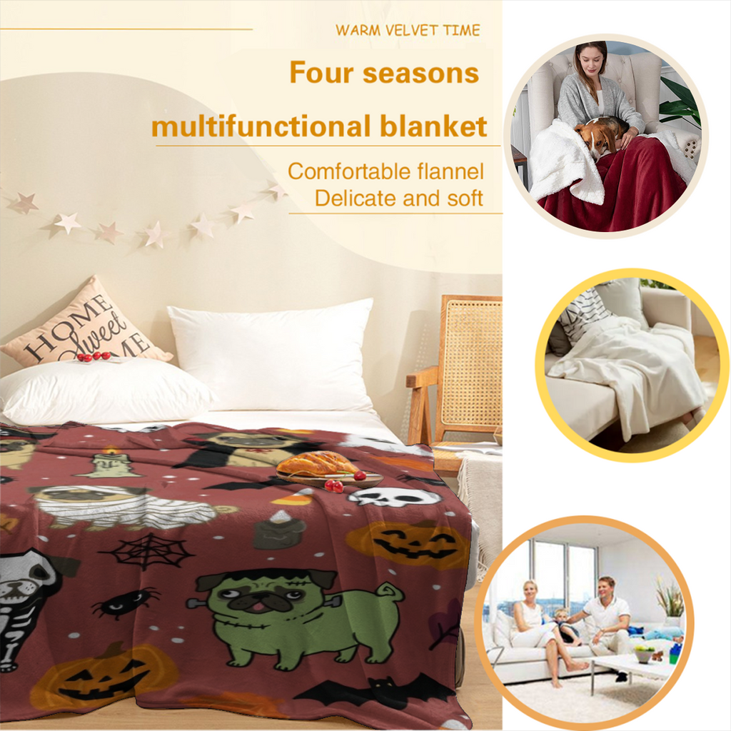 Halloween-Themed Pug Pattern Blanket | Perfect for Home Decoration, Sofa Layering, Bed Cover, and Halloween Parties, Adding Festive Atmosphere to Your Space with Cute Pugs in Pirate, Vampire, Mummy De