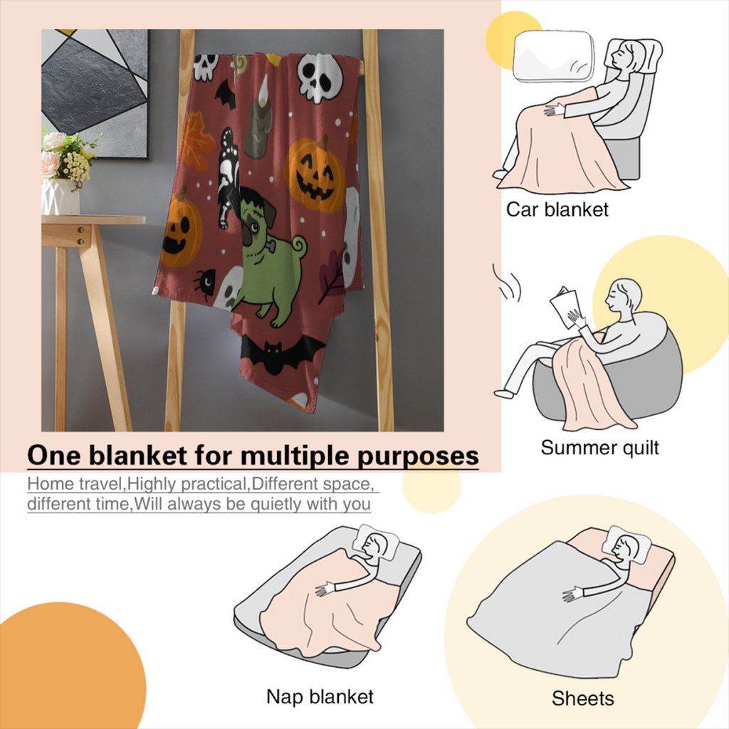 Halloween-Themed Pug Pattern Blanket | Perfect for Home Decoration, Sofa Layering, Bed Cover, and Halloween Parties, Adding Festive Atmosphere to Your Space with Cute Pugs in Pirate, Vampire, Mummy De