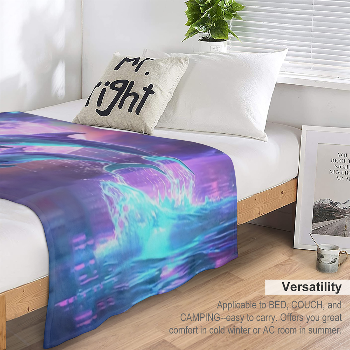 1pc Cozy Flanel Blanket, Comfortable Leaping Dolphin Design for Camping Sofa Bed and Couch Office, Suitable for Gift in All Seasons