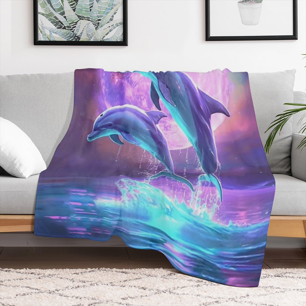 1pc Cozy Flanel Blanket, Comfortable Leaping Dolphin Design for Camping Sofa Bed and Couch Office, Suitable for Gift in All Seasons