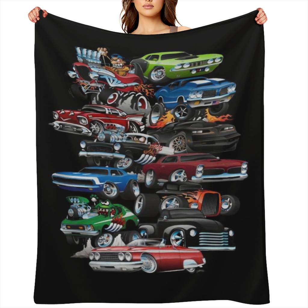 A soft and comfortable sports car print blanket for travel sofas beds and home decor - the perfect birthday or holiday gift for boys and teens - available all season