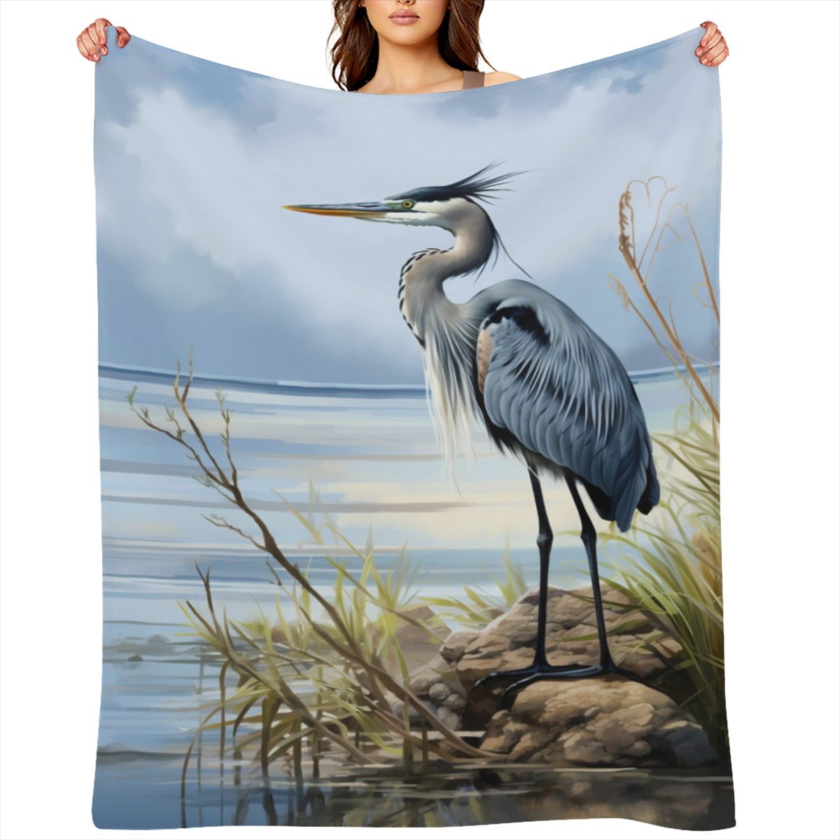 Abstract Heron Blanket Gifts for Adults Boys, Rustic Coastal Wild Birds Seaside Flannel Throw Blankets Soft Comfy Lightweight for Home Decor Couch Bed- 280GSM