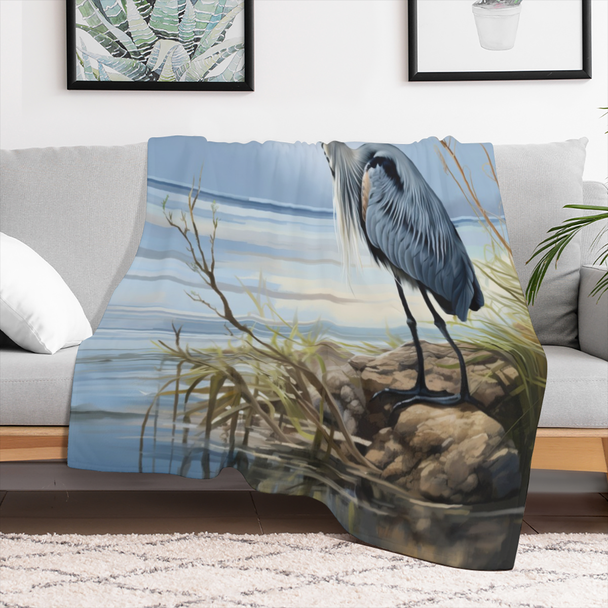 Abstract Heron Blanket Gifts for Adults Boys, Rustic Coastal Wild Birds Seaside Flannel Throw Blankets Soft Comfy Lightweight for Home Decor Couch Bed- 280GSM
