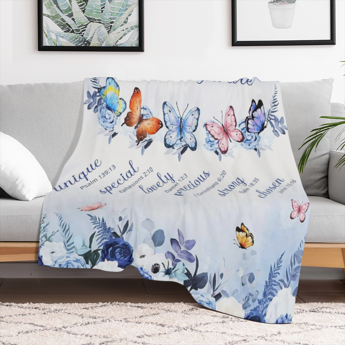 Christian Blanket for Women Blue Rose Butterfly Super Soft Religious Gift Blanket with Bible Verses and Inspirational Ideas Warm Plush Prayer Healing Blanket
